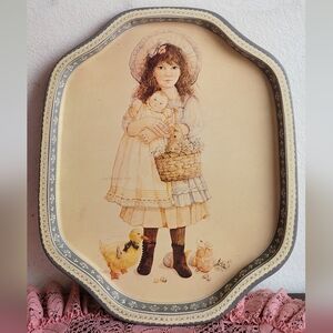 Vintage Style Girl Illustration Decorative Tray - Cream and Blue